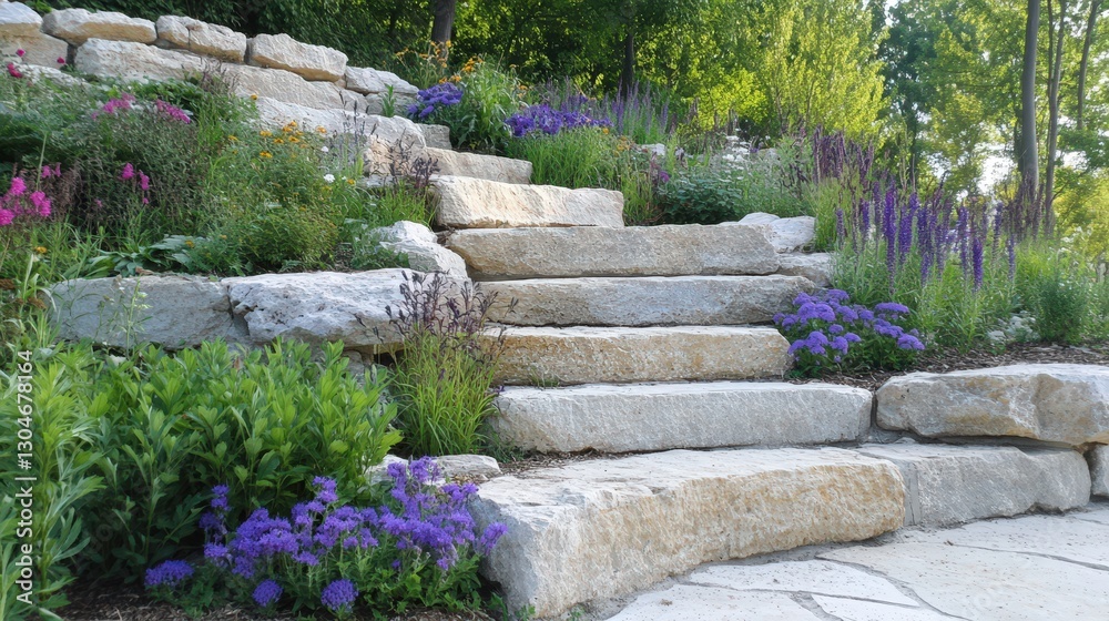 Stone Steps Adorned With Vibrant Blooming Flowers And Greenery Stone Steps Adorned With Vibrant Blooming Flowers And Greenery