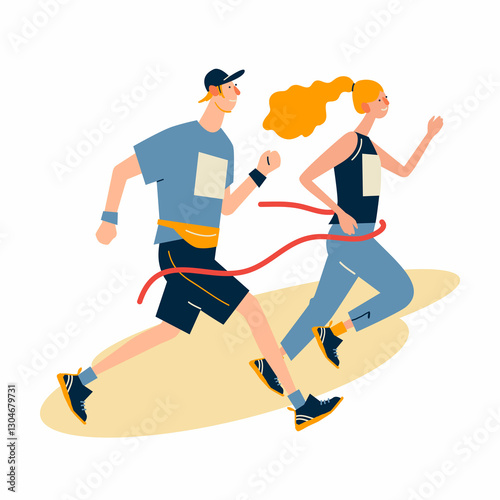Running man and woman with Finish ribbon in sportswear at marathon race.  Marathon race, run, sprint. Flat cartoon  illustration on white background. 