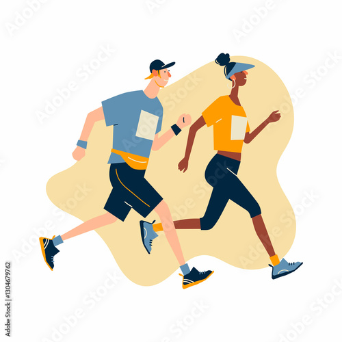 Running man and woman in sportswear at marathon race.  Marathon race, 5k run, sprint. Flat cartoon illustration on white background. Creative landing page design template, web banner.