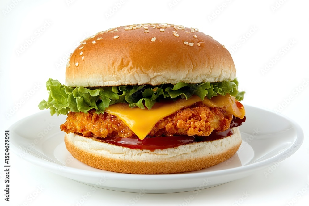 uicy chicken burger with melted cheese and crisp lettuce on white plate, isolated on clean background. Appetizing food photography for fast-food ads, restaurant menus, or culinary promotions. uicy chicken burger with melted cheese and crisp lettuce on white plate, isolated on clean background. Appetizing food photography for fast-food ads, restaurant menus, or culinary promotions.