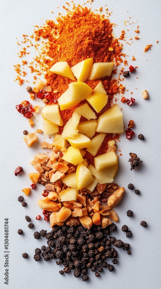 Vibrant still life of assorted spices and ingredients creating a culinary symphony on a clean white surface Vibrant still life of assorted spices and ingredients creating a culinary symphony on a clean white surface