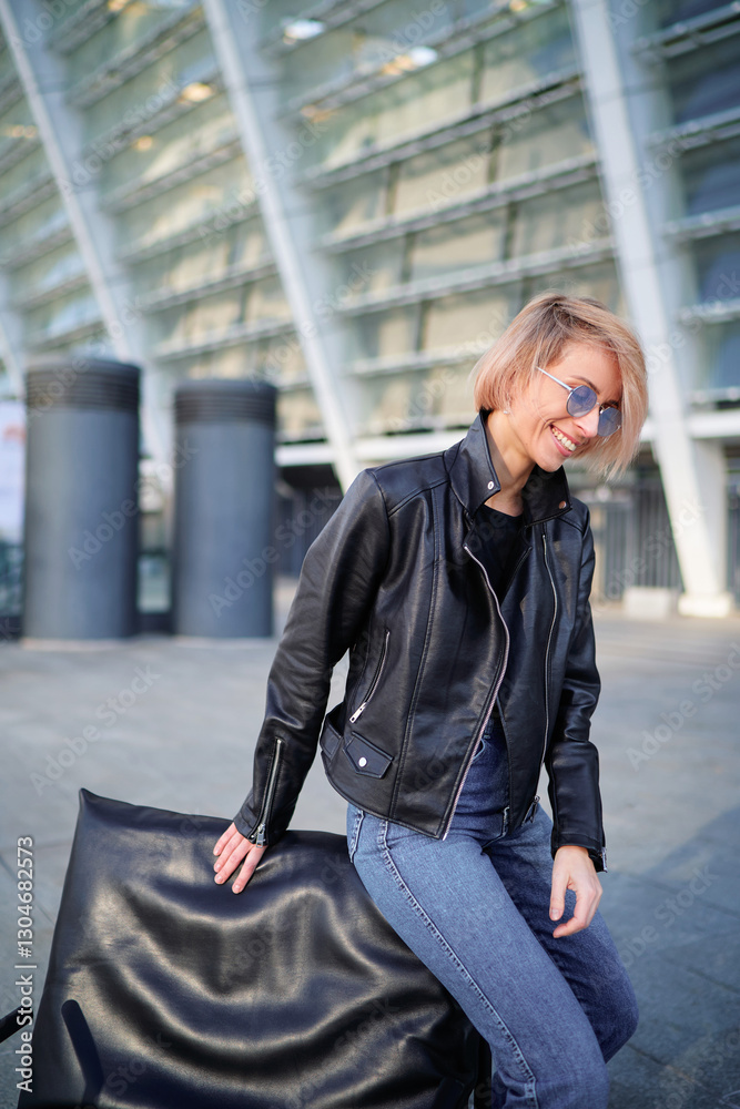 Fototapeta premium Trendy Woman in Leather Jacket Sitting Outdoors by Modern Architecture..