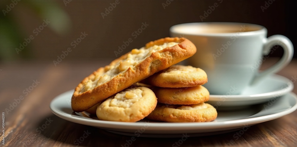 Selective focus on a stack of almond biscotti cookies with a cup of coffee, aroma, breakfast Selective focus on a stack of almond biscotti cookies with a cup of coffee, aroma, breakfast
