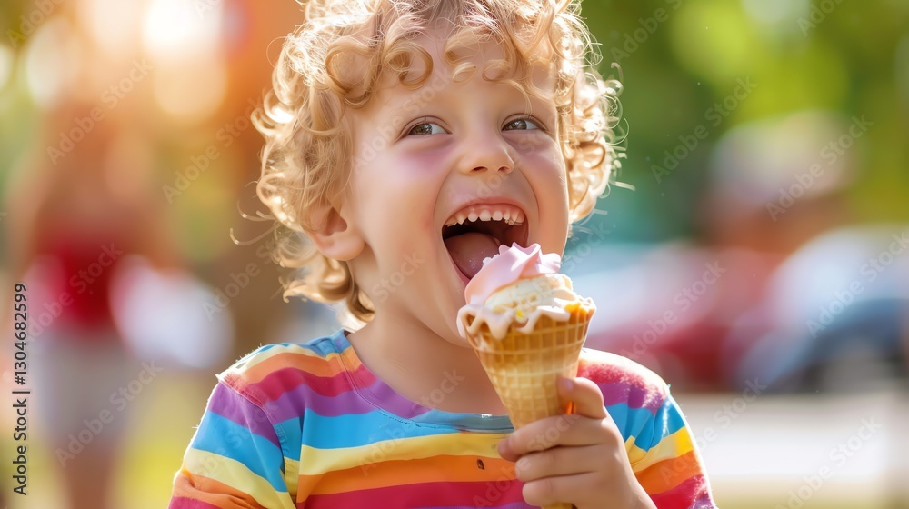 A young boy with curly blonde hair laughs as he enjoys a ice cream cone. A young boy with curly blonde hair laughs as he enjoys a ice cream cone.