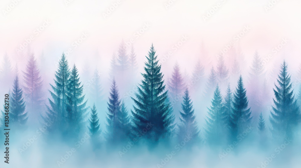 Obraz premium Serene Evergreen Forest: The majestic, towering evergreen trees stand shrouded in a tranquil, ethereal mist with soft hues of blue and purple.