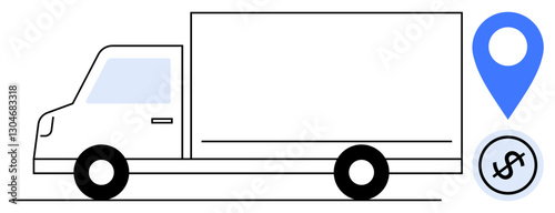 Delivery truck with location pin and dollar sign highlighting transportation, tracking, cost efficiency, and logistics. Ideal for shipping, e-commerce, delivery service, fleet management, supply