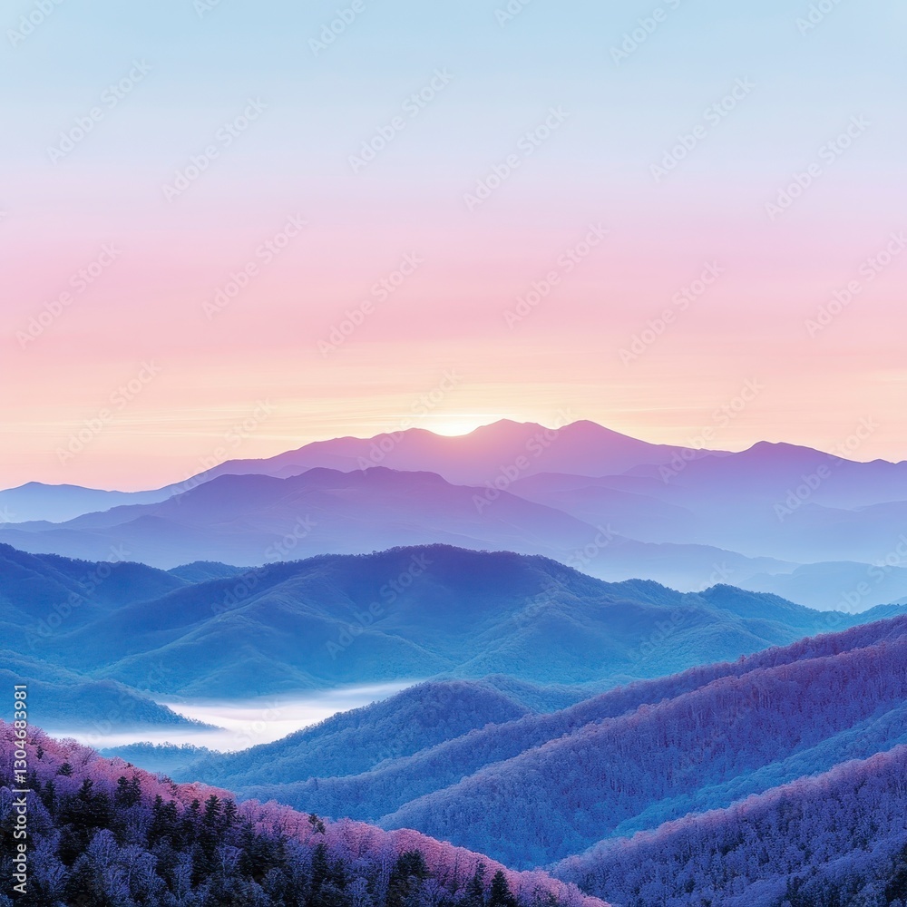 Obraz premium Serene Sunrise Over Layered Mountains with Soft Pastel Colors