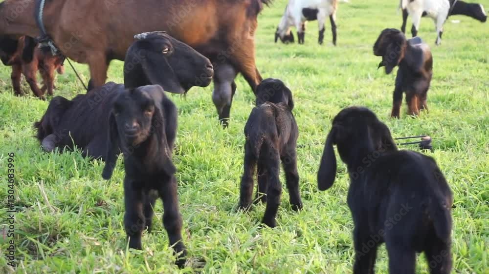 A flock of young goats are playing in a meadow, Playful goats are grazing together in a meadow, A group of little sheep are playing and grazing in a farm A flock of young goats are playing in a meadow, Playful goats are grazing together in a meadow, A group of little sheep are playing and grazing in a farm