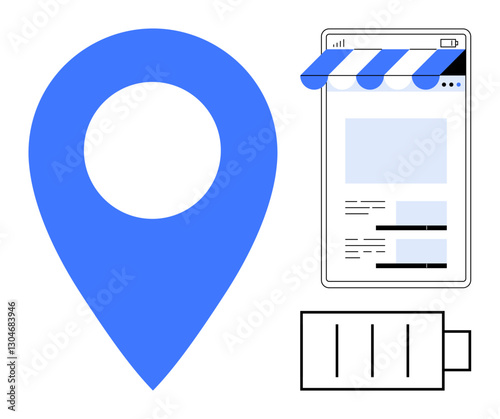 Blue location pin, smartphone with storefront awning, and battery icon evoke navigation, online shopping, and energy. Ideal for apps, business, e-commerce, tech navigation sustainability