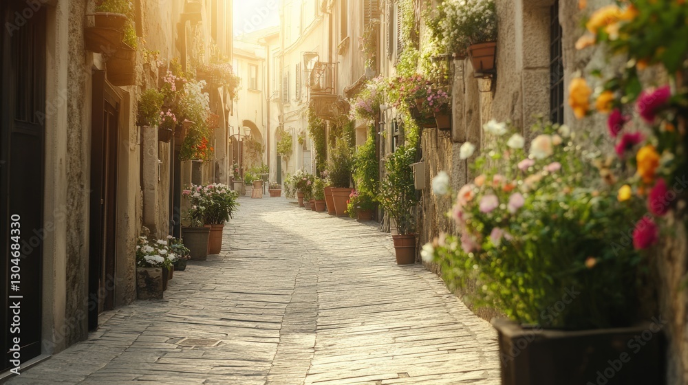 Obraz premium Sunlit cobblestone street with colorful flowers in old town.