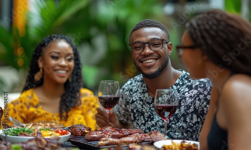 Happy friends having bbq dinner party in garden restaurant - Multiracial young people eating grill meat and drinking red wine in backyard - Food life style concept with guys and girls sitting outdoors