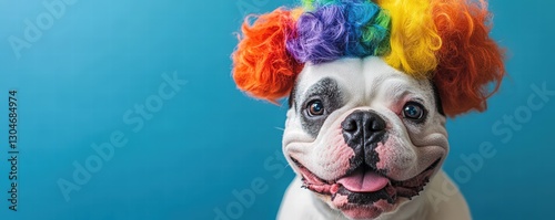 cute white and black boxer dog wearing a colorful clown wig on a blue background, funny pet portrait, april fool's day