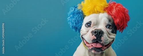 cute white and black boxer dog wearing a colorful clown wig on a blue background, funny pet portrait, april fool's day