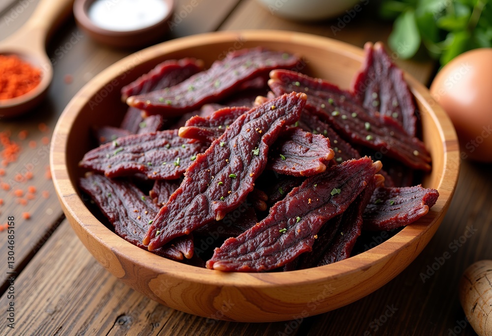 Close-Up of a Rustic Beef Jerky Bowl: A Mouthwatering Photo Displaying a Wooden Bowl Filled with Dried Meat, Various Seasonings, and Aromatic Herbs on a Wood Table.
Gourmet Beef Jerky Presentation: A
Close-Up of a Rustic Beef Jerky Bowl: A Mouthwatering Photo Displaying a Wooden Bowl Filled with Dried Meat, Various Seasonings, and Aromatic Herbs on a Wood Table.
Gourmet Beef Jerky Presentation: A