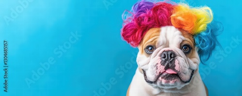 cute white and black boxer dog wearing a colorful clown wig on a blue background, funny pet portrait, april fool's day
