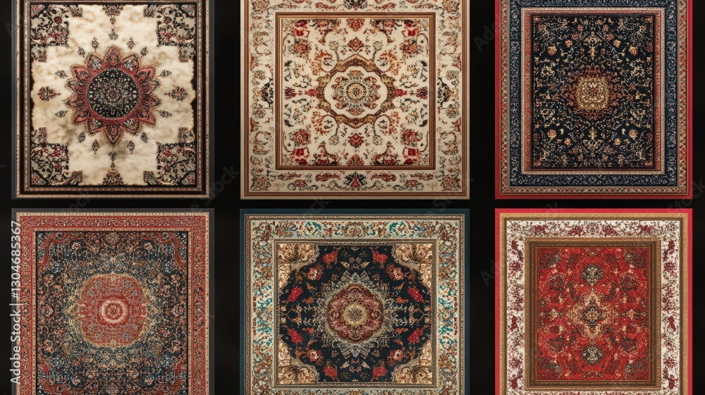 Six ornate rugs display intricate designs and rich colors Six ornate rugs display intricate designs and rich colors