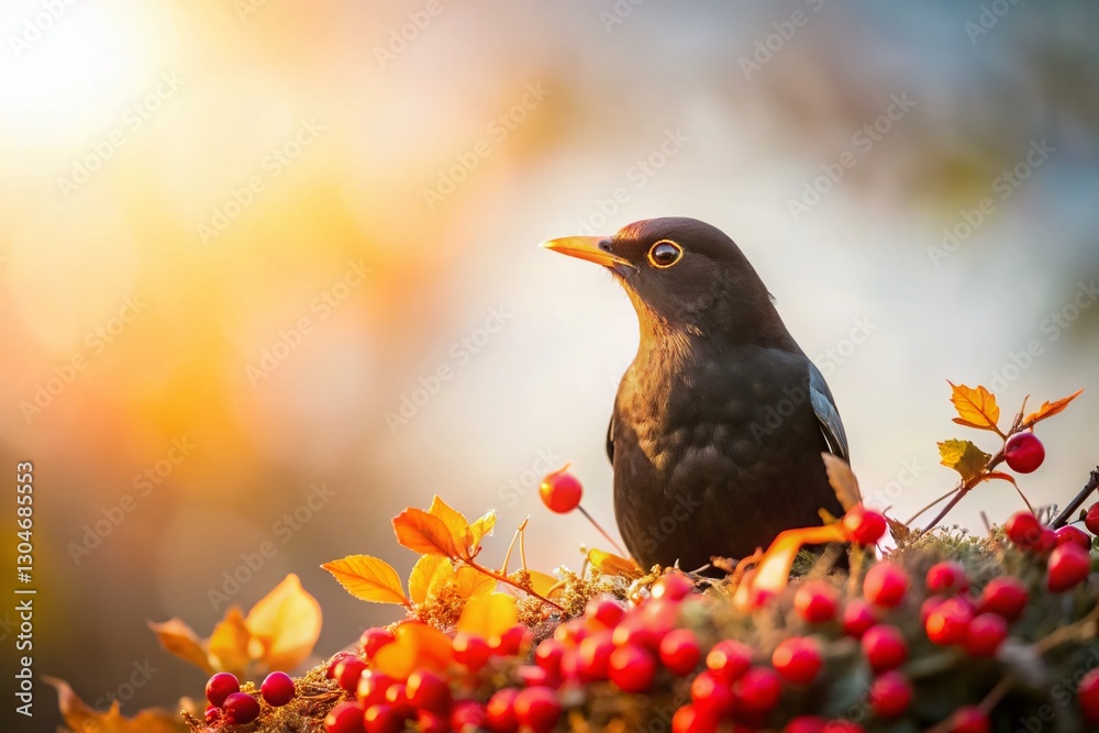 Monochrome Backlit Blackbird Emerging from Hawthorn Hedge Monochrome Backlit Blackbird Emerging from Hawthorn Hedge