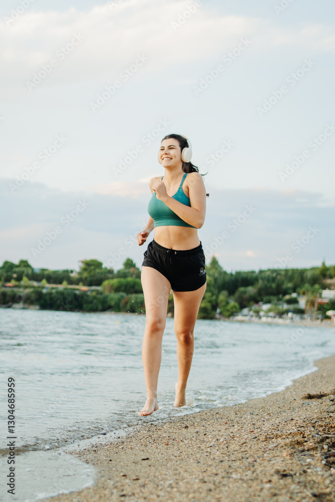 Young caucasian woman running or jogging on the beach at sunset Young caucasian woman running or jogging on the beach at sunset