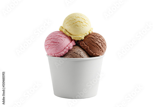 White cup with scoops ice cream isolated on White background
