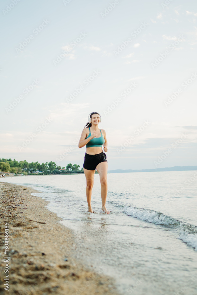Young caucasian woman run or jog on the beach at sunset Young caucasian woman run or jog on the beach at sunset