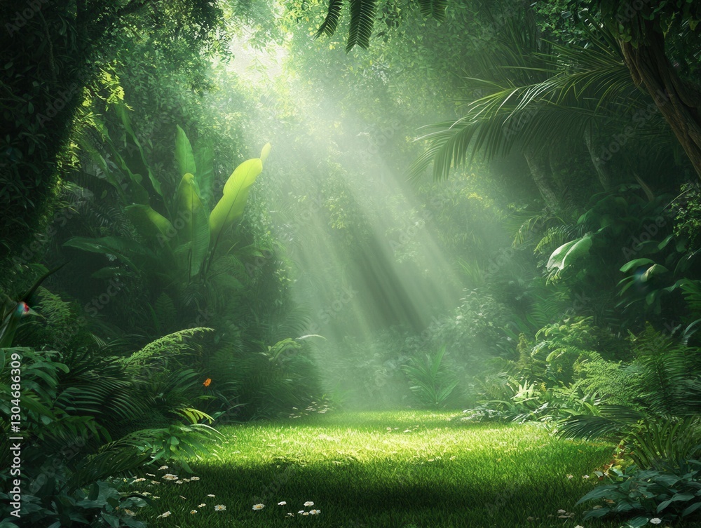Lush jungle landscape with sunbeams illuminating a clearing vibrant green foliage and tropical plants serene nature scene