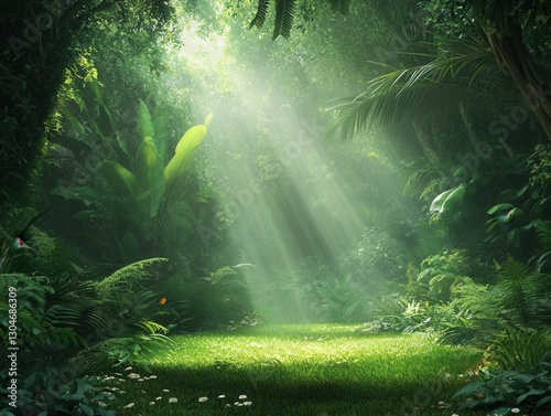 Obraz na płótnie Lush jungle landscape with sunbeams illuminating a clearing vibrant green foliage and tropical plants serene nature scene w salonie