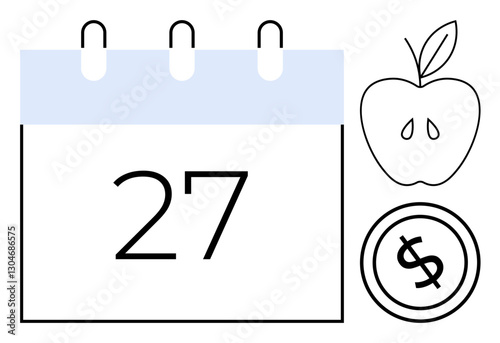 Minimalist calendar with the number 27, outlined apple, and dollar coin. Ideal for nutrition, finance planning, budgeting, time management, healthcare schedules, goal setting flat simple metaphor