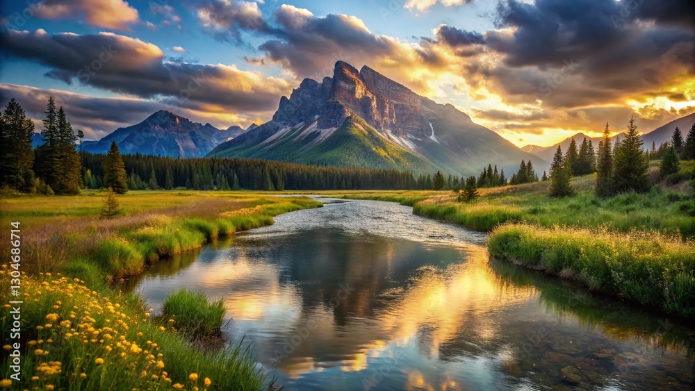 Fototapeta premium Mountain River Meadow Landscape: Serene Water Flowing Under Majestic Peak