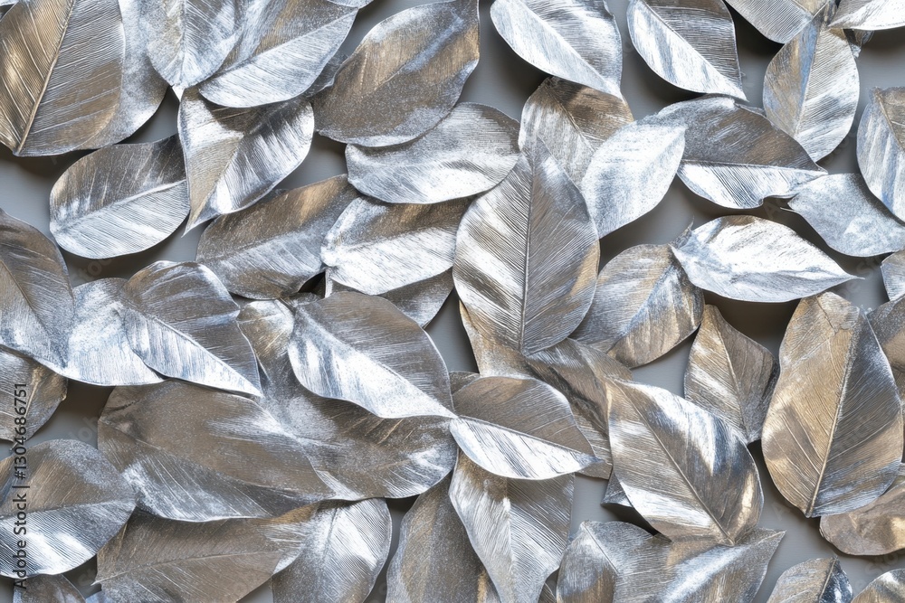 Naklejka premium Silver leaf arrangement on gray backdrop artistic botanical texture metallic sheen modern aesthetic decorative element nature inspired design elegant