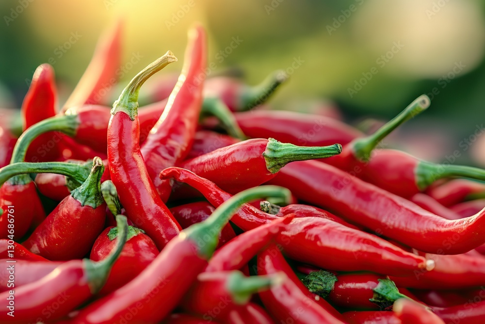 Pile of red chili peppers captured with wide-angle lens on rustic background. Spicy food concept for ethnic cuisine ads, cooking blogs, or farmers' market visuals. Pile of red chili peppers captured with wide-angle lens on rustic background. Spicy food concept for ethnic cuisine ads, cooking blogs, or farmers' market visuals.