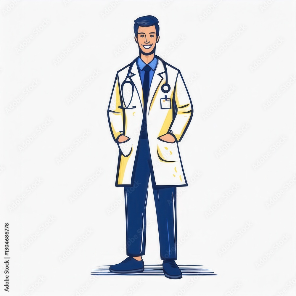 Cheerful doctor sketch featuring navy blue and bright yellow colors in a playful doodle style Cheerful doctor sketch featuring navy blue and bright yellow colors in a playful doodle style