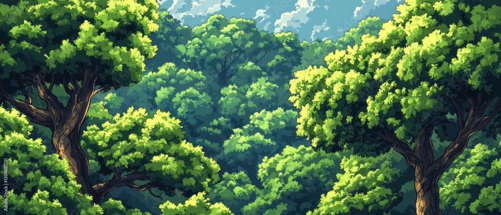 Naklejka premium Lush Green Forest Canopy with Sunlight Filtering Through Leaves Creating a Serene and Tranquil Scene