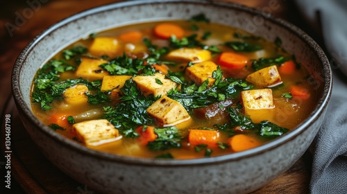 Hearty vegetable soup in bowl on wooden table