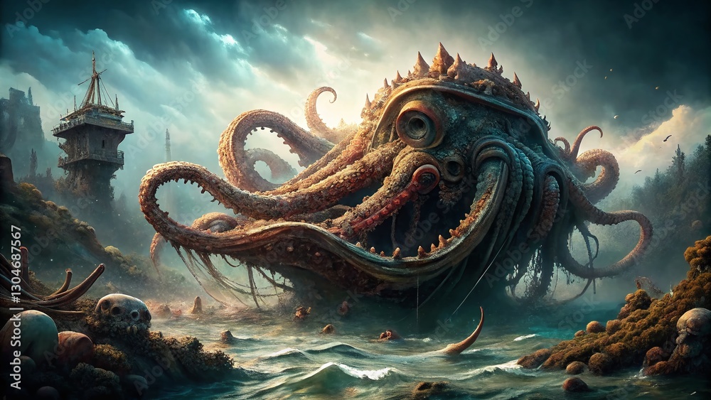 Obraz premium Mysterious Kraken: Giant Octopus Enveloping Sunken Shipwreck - Dramatic Underwater Scene