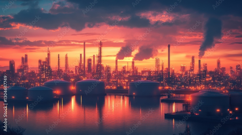 Naklejka premium Futuristic Eco-Friendly Oil Storage Facility with Advanced Monitoring Systems at Dusk Showcasing Modern Industrial Innovations and Sustainable Practices