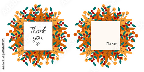 Thank you Thanks Freehand text square Note Pages Autumn leaves Wreaths. Thanksgiving greeting Set 2