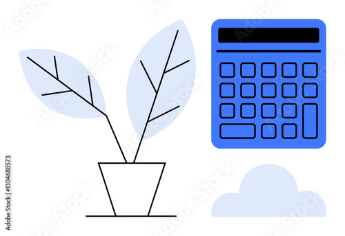 Minimalistic potted plant next to a digital calculator with a cloud symbol. Ideal for sustainability, finance, environmental balance, eco-business, productivity, data analysis, modern harmony. Flat