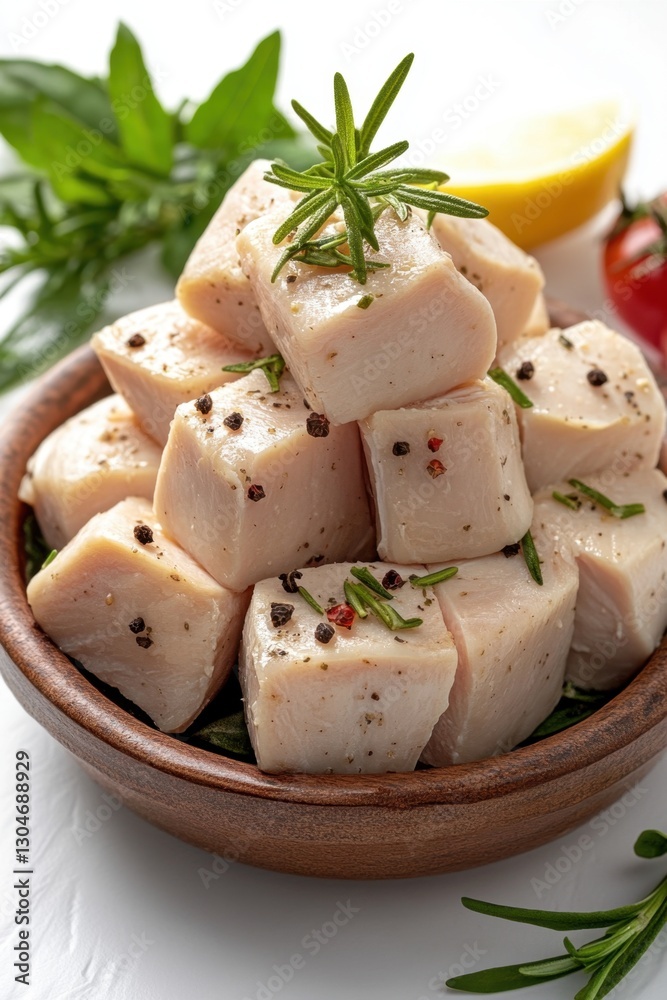 Cubed swordfish in a wooden bowl with rosemary and peppercorns on a white table, studio shot, food photography, close up, healthy diet, fresh ingredients
