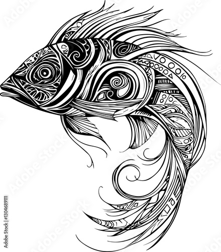 SVG vector features zentangle animal designs. Intricate Black and White Artistic Fish Design Illustration