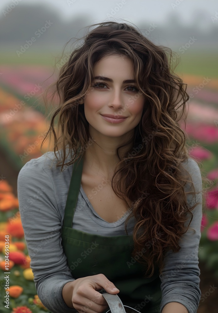Fototapeta premium Smiling female florist with colorful chrysanthemums at outdoor flower farm.