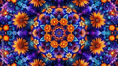 Night Bloom: Vibrant Geometric Floral Pattern, Symmetrical Design, Colorful Flowers, Art Deco