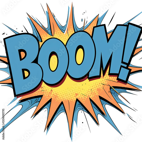 Comic Book Explosion PNG Retro Pop Art Style with Bold Yellow Starburst Bright Blue Onomatopoeia Text and High-Contrast Cartoon Effect