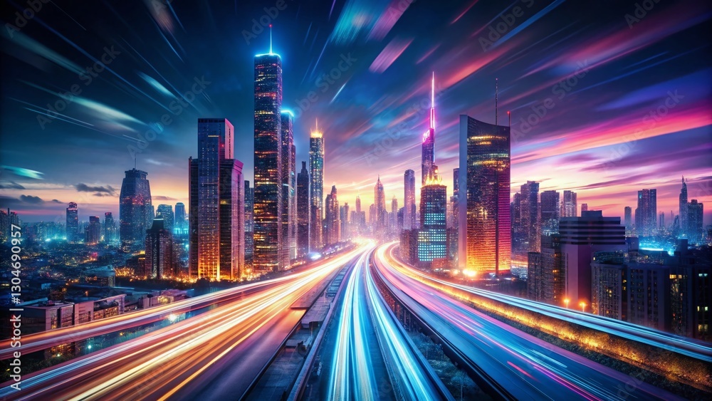 Obraz premium Night City Timelapse: Vibrant Urban Lights, Empty Street, Copy Space Left