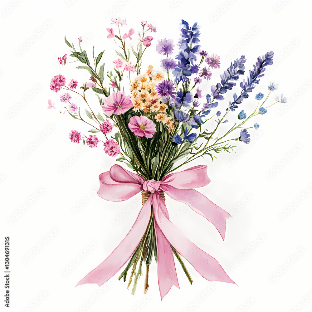 Obraz premium Colorful floral bouquet tied with a pink ribbon on white background. Generative AI