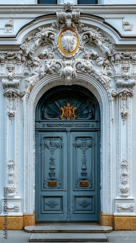 Elegant teal door ornate white frame