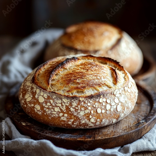 Two round loaves of crusty bread sit on wooden boards with a cloth underneath. Concept of artisan baking and homemade bread. For food photography.