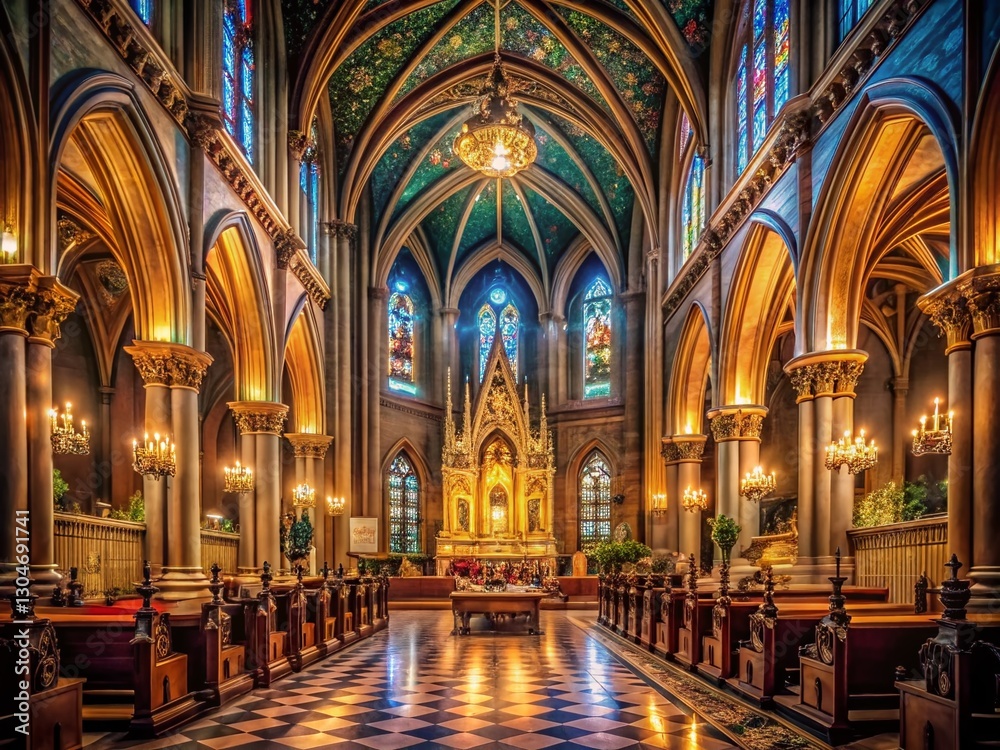 Fototapeta premium Night Mass, Ornate Cathedral, Religious Ceremony, Gothic Architecture, Candlelight