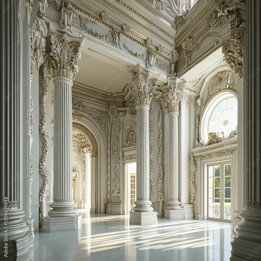 Obraz premium Elegant white hall, ornate columns, sunlight streams in.