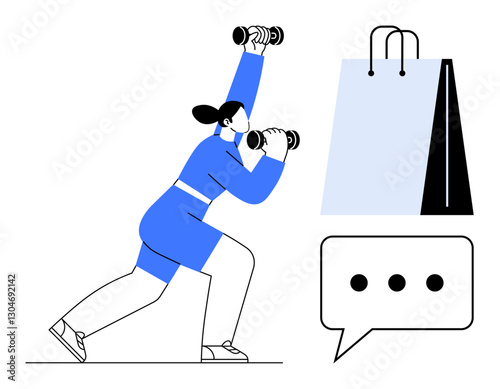Active woman in athletic wear lifting dumbbells, shopping bags symbolizing retail and marketing, speech bubble for communication. Ideal for fitness, e-commerce, marketing, lifestyle, interaction