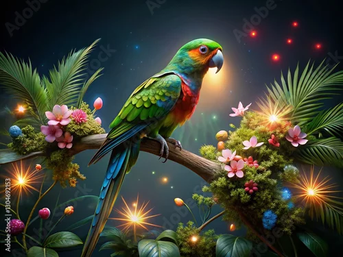 Obraz Night Photography: Colorful Papugi Parrot in Vibrant Tropical Setting